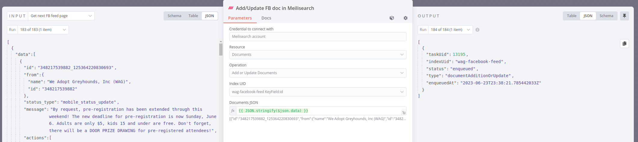 n8n Meilisearch node in action