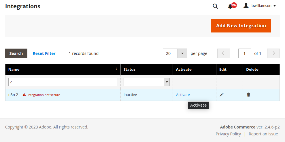Magento integration before activation