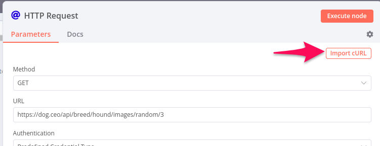n8n http node import curl button
