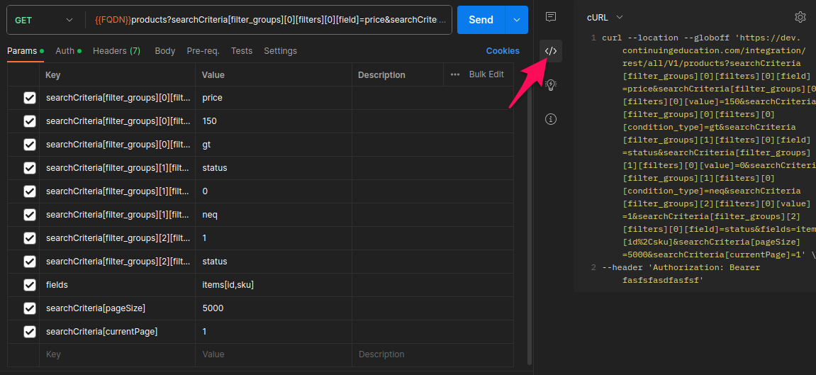 Postman params view with curl