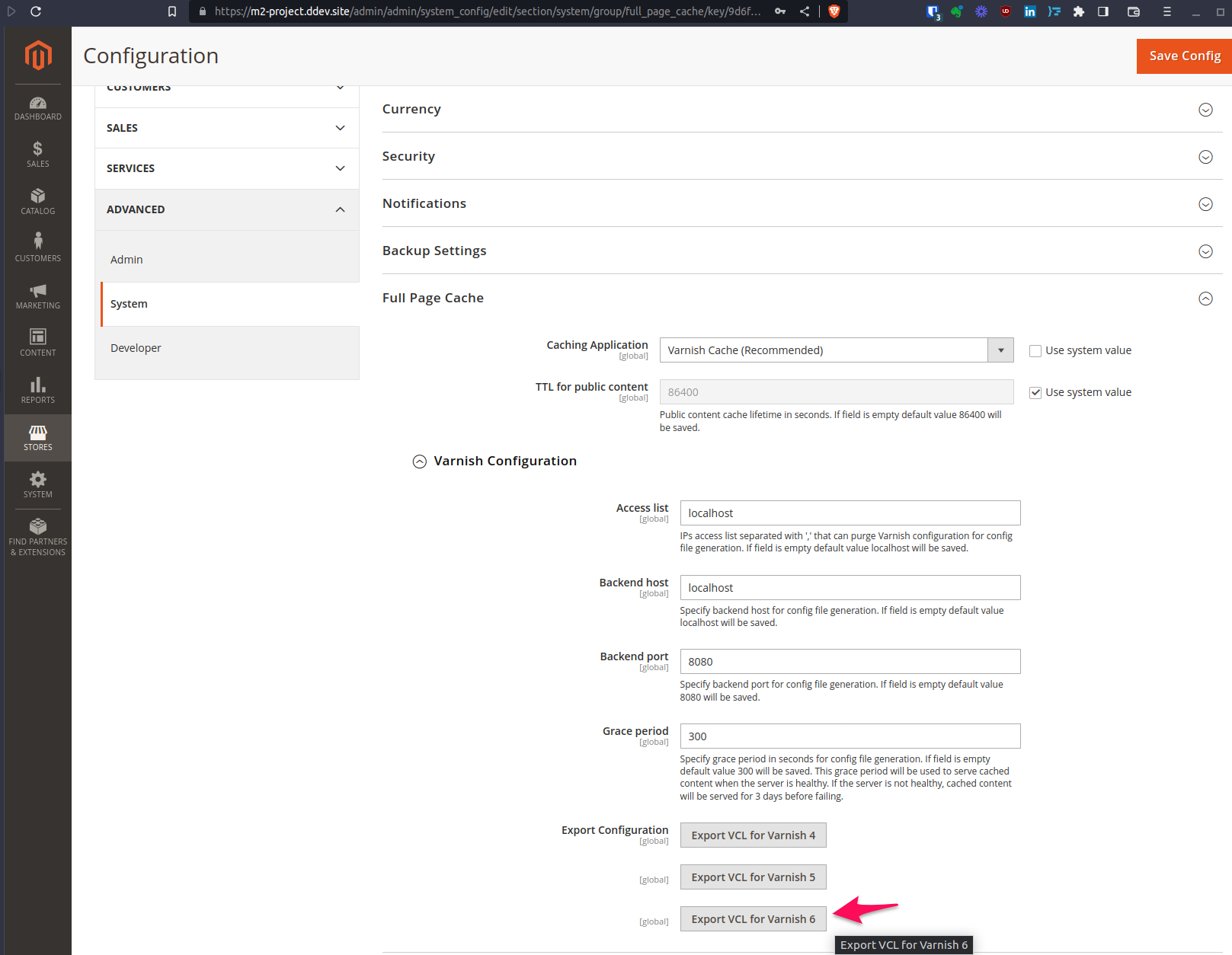 magento varnish vcl export settings