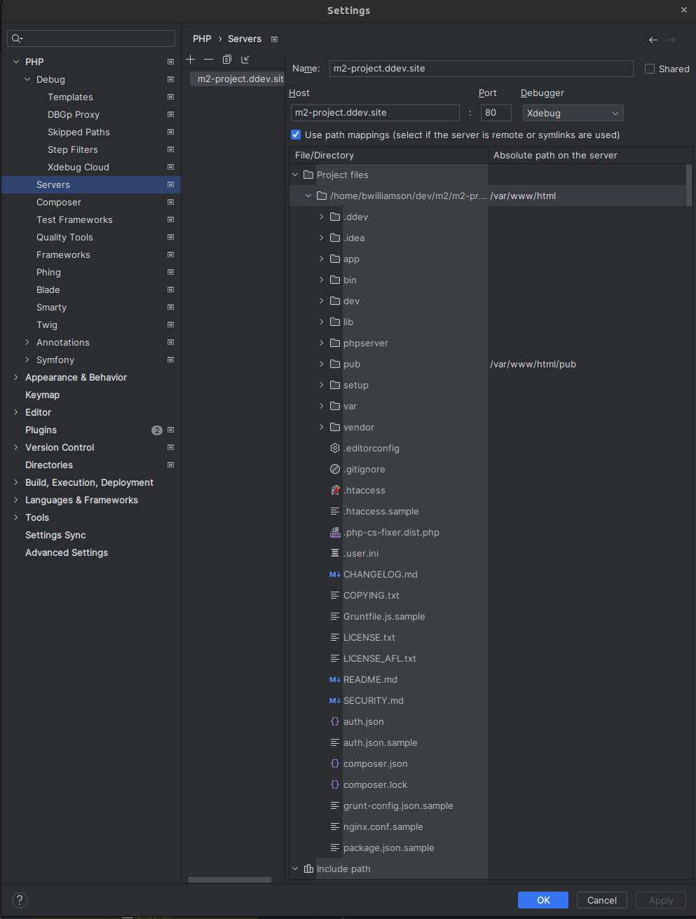 phpstorm-servermapping settings